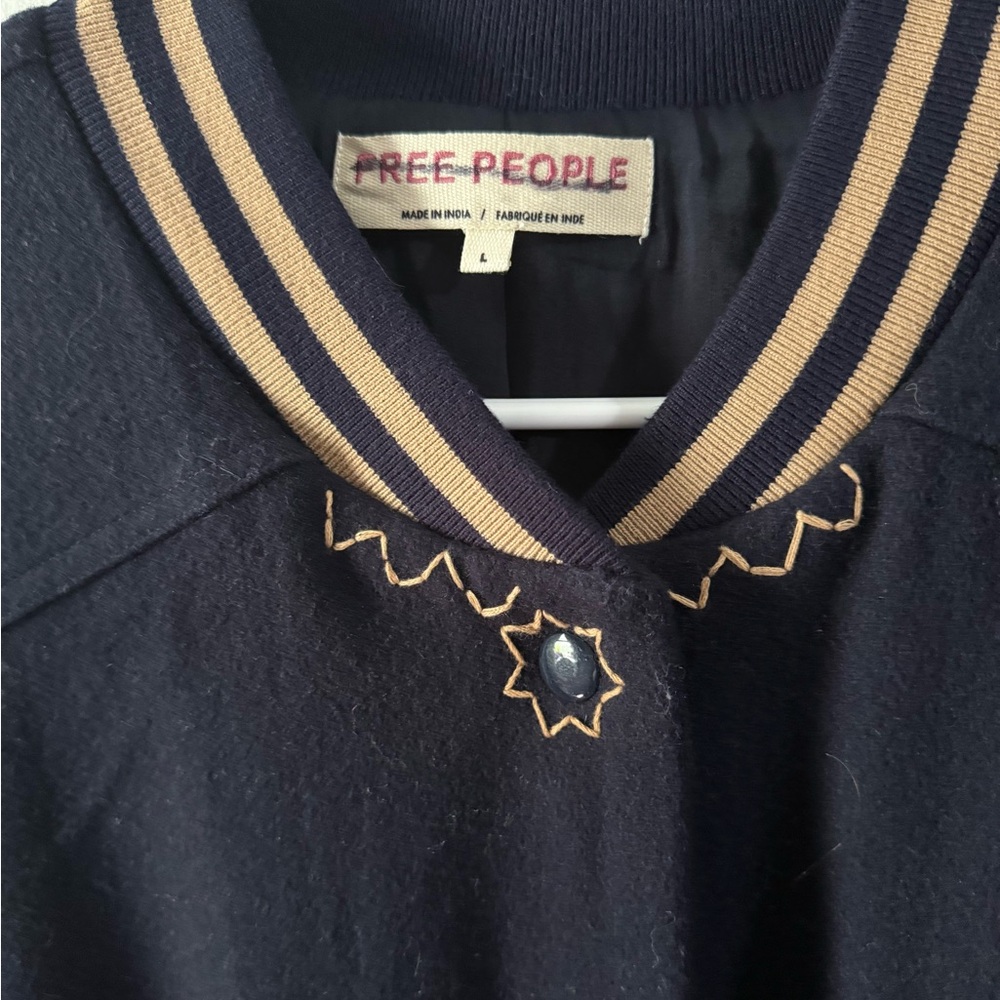 Free People wool Navy and Tan Contrast Varsity Jacket - Picture 3 of 7
